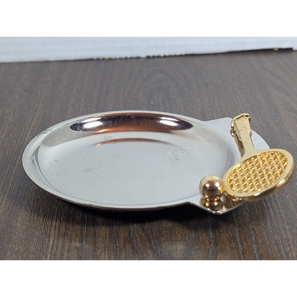 VTG Brass Tone Tennis Racket Coin Dish Ashtray Preppy Dad Retro Made in Taiwan - Picture 3 of 6